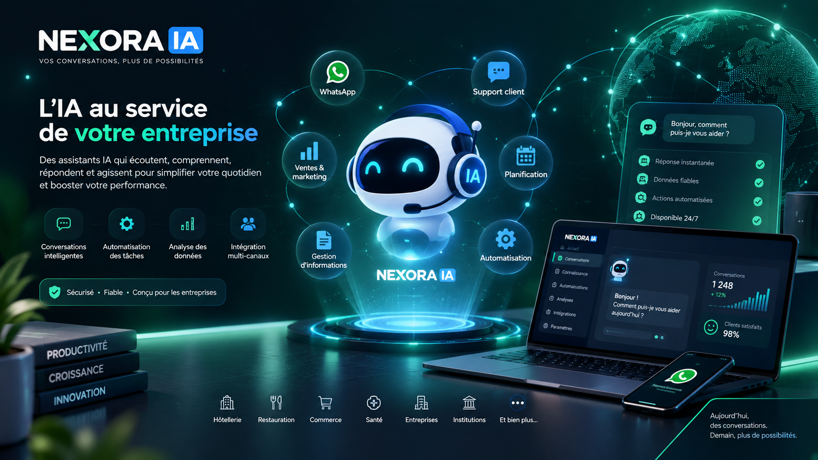 NEXORA IA — L'IA au service de votre entreprise : conversations intelligentes, automatisation des tâches, analyse des données et intégration multi-canaux, sur WhatsApp comme sur vos autres canaux.